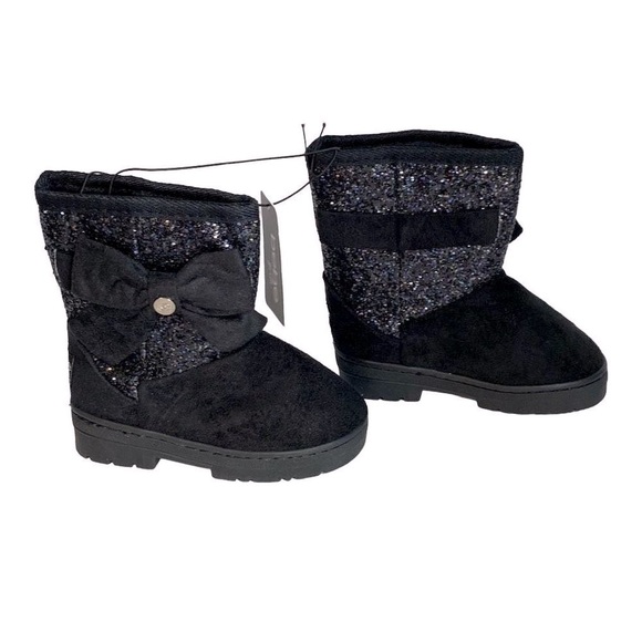 New Bebe Girls Black with Glitter and Bow Faux Suede Boots Size 7 Faux Fur Linin - Picture 2 of 10